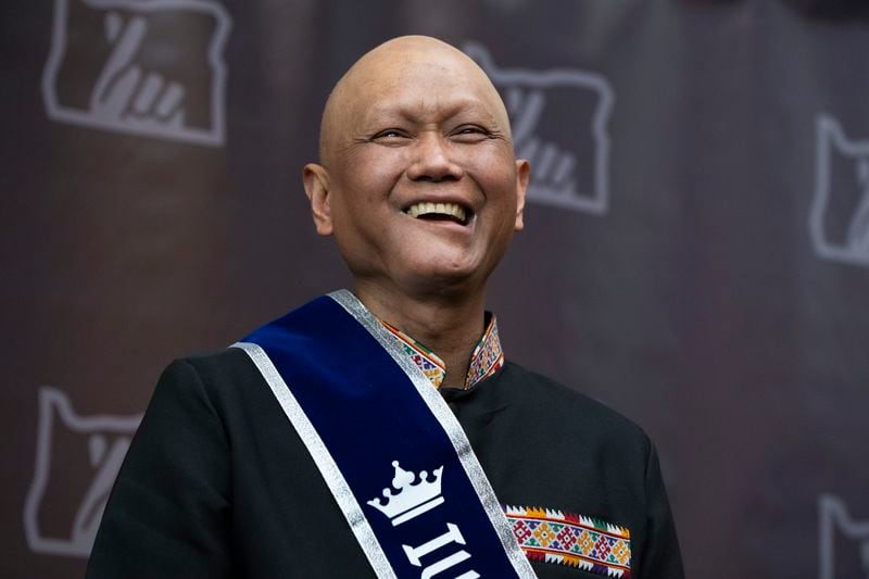 Cheng "Charlie" Saephan laughs during a press conference after it was revealed that he was one of the winners of the $1.3 billion Powerball jackpot at the Oregon Lottery headquarters on Monday, April 29, 2024, in Salem, Ore. (AP Photo/Jenny Kane)