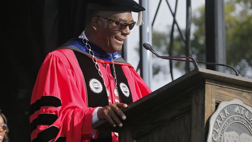 5/22/17 - Atlanta - School president Ronald Johnson address the graduates.  Clark Atlanta University's Panther Stadium was the site of their 28th annual Commencement.  Businessman William Pickard gave the commencement address.   Rev. Jesse Jackson, who received an honorary degree, also spoke.   Panther Stadium,  BOB ANDRES  /BANDRES@AJC.COM