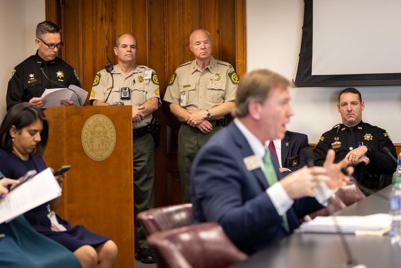 Sheriffs listen to Rep. Jesse Petrea, R-Savannah, present a bill requiring jailers and sheriffs to report when someone in custody lacks legal documentation to U.S. Immigration and Customs Enforcement.