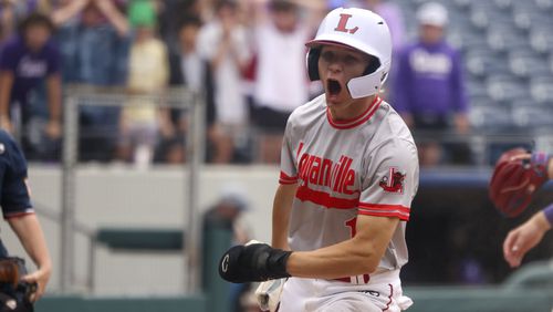 Loganville’s Ace Kenny reacts after scoring a run during the fifth inning against Cartersville in game three of the Class 5A GHSA baseball finals at Coolray Field, Friday, May 17, 2024, in Lawrenceville, Ga. Loganville won 4-3. (Jason Getz / AJC)
