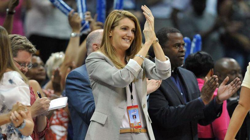 May 25, 2012 Atlanta - Atlanta Dream co-owner Kelly Loeffler cheers for the team during 2nd half action in the home opener at Philips Arena in Atlanta on Friday, May 25, 2012. Atlanta Dream won 100 - 74 over the New York Liberty. HYOSUB SHIN / HSHIN@AJC.COM