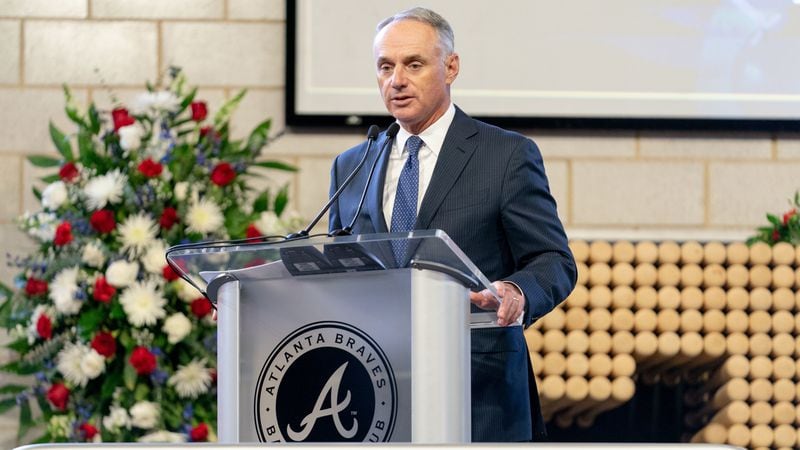 MLB Commissioner Rob Manfred speaks during memorial service inside Truist Park for Hall of Famer and Braves icon Hank Aaron Tuesday, Jan. 26, 2021, in Atlanta. Aaron died last week at the age of 86.  (Kevin D. Liles/Atlanta Braves)