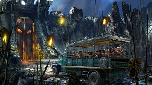 This concept art shows the ride vehicle heading toward the Great Wall found in the upcoming Universal Orlando Resort attraction Skull Island: Reign of Kong.
