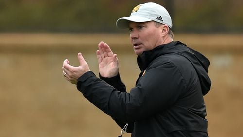 Kennesaw State head coach Brian Bohannon will lead the Owls in their first season. Spring practice started Monday morning March 2, 2015. The practice was one of 14 scheduled this spring, leading up to the Black and Gold Game on Saturday March 28, 2015. BRANT SANDERLIN / BSANDERLIN@AJC.COM