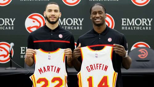 AJ Griffin, the 16th overall pick in the 2022 NBA draft, and 51st overall pick Tyrese Martin are introduced by the team on Monday, June 27, 2021, in Atlanta.  Miguel Martinez / Miguel.martinezjimenez@ajc.com