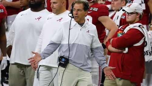 Alabama head coach Nick Saban reacts on the sidelines during the 4th quarter as Georgia drives for a touchdown to take control of the game in the College Football Playoff Championship game on Monday, Jan. 10, 2022, in Indianapolis.  “Curtis Compton / Curtis.Compton@ajc.com”`