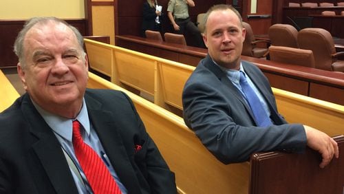 Former Fannin Focus publisher Mark Thomason, right, and Russell Stookey, who is Thomason’s lawyer, at the Gilmer County courthouse in 2016. (Rhonda Cook, rcook@ajc.com)