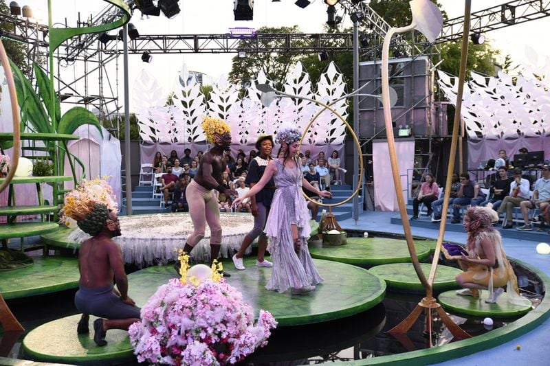 “A Midsummer Night’s Dream” was presented by the Alliance Theatre in an open-air stage, constructed inside the Atlanta Botanical Garden. Actors and audiences dealt with rain, heat and the occasional honeybee, but the setting enhanced the drama. CONTRIBUTED BY ALLIANCE THEATRE
