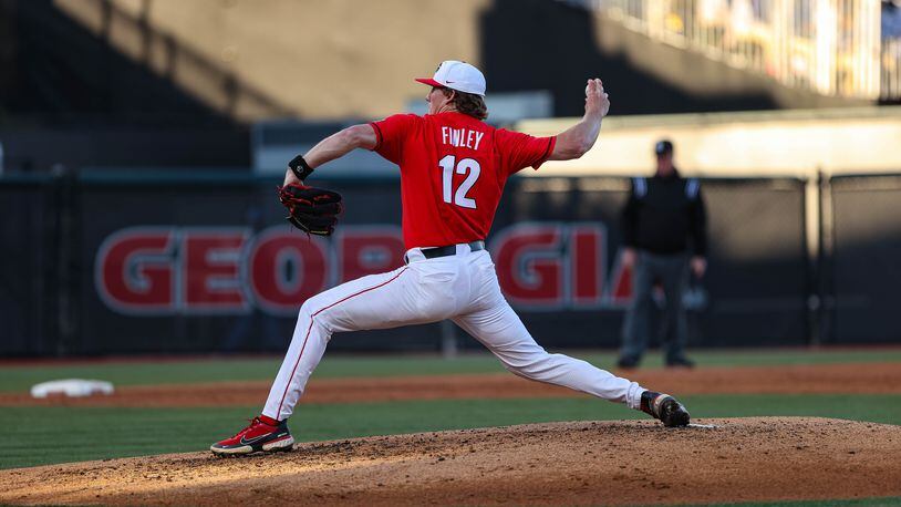 Georgia pitcher delivers a pitch against Georgia Southern at Foley Field in Athens, on Wednesday, Mar. 29, 2023. The Bulldogs' gave up 10 walks and hit three batters with pitches in a 12-2 loss. (Kari Hodges/UGA Athletics)