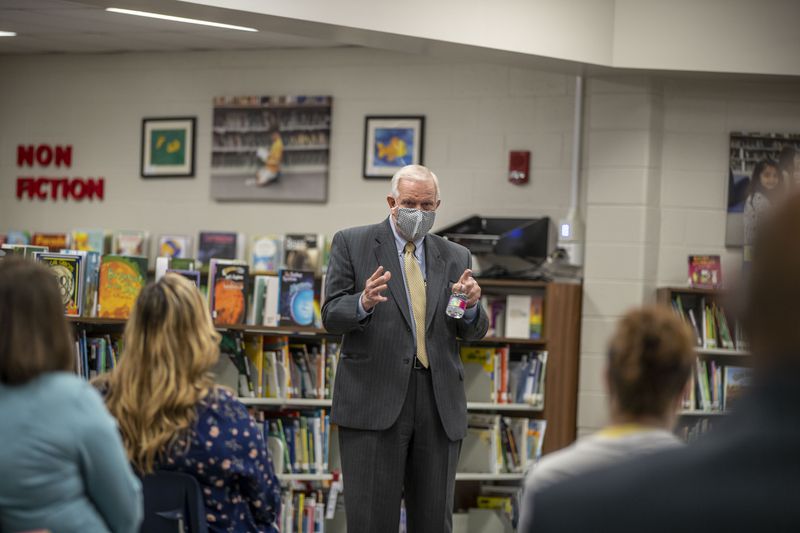 Gwinnett County Public Schools Superintendent and CEO J. Alvin Wilbanks speaks with Burnette Elementary School parents and staff during a meeting in the school’s library in Suwanee on March 24, 2021. (Alyssa Pointer / Alyssa.Pointer@ajc.com)