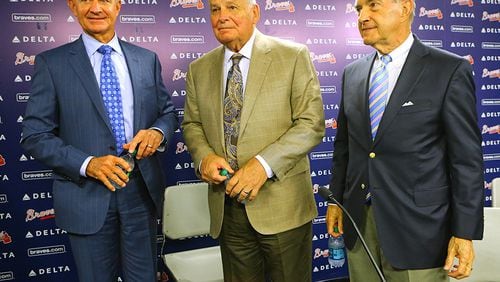 092214 Atlanta: Braves interim General Manager John Hart (from left), longtime former manager Bobby Cox, and President John Schuerholz, who will makeup a 3 person transition team, conclude a press conference after the team fired General Manager Frank Wren on Monday, Sept. 22, 2014, in Atlanta. CURTIS COMPTON / CCOMPTON@AJC.COM Maybe Braves, with John Hart, Bobby Cox and John Schuerholz, need a fresh set of eyes in GM position. (Curtis Compton)