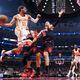 Atlanta Hawks guard Trae Young, left, looks to pass against Chicago Bulls guard Alex Caruso and center Nikola Vucevic, right, during the first half of an NBA basketball play-in tournament game in Chicago, Wednesday, April 17, 2024. (AP Photo/Nam Y. Huh)