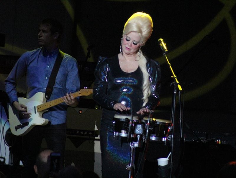 Cindy Wilson of The B-52s plays her bongos at the start of the Chastain concert. Photo: Melissa Ruggieri/AJC