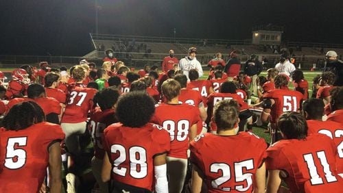 Allatoona head coach Gary Varner, addressing his team after a 30-15 victory over Kell in the regular season, was named the Region 6-6A coach of the year. (Photo by Chip Saye)