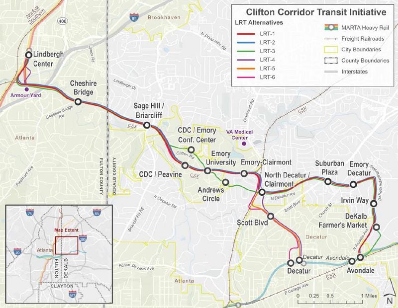 MARTA is studying six light rail routes (pictured) and four bus rapid transit routes for its proposed Clifton Corridor transit line. The routes would mostly follow the CSX railroad. But they would take different approaches to Lindbergh station to the west, and MARTA must choose between its Decatur and Avondale stations for the eastern end of the line.