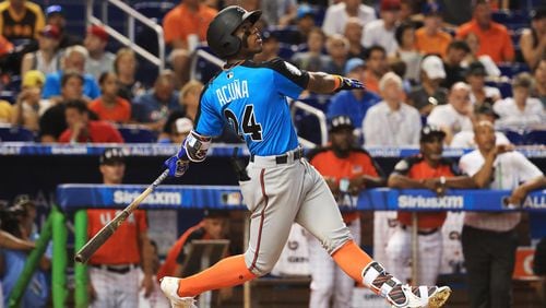 Ronald Acuna, shown in the All-Star Futures Game on Sunday, is the Braves’ top-rated prospect. (Mike Ehrmann/Getty Images)