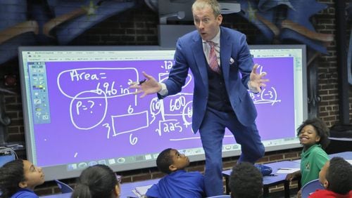 May 5, 2017 - Atlanta - With the help of a little music from La La Land, Ron Clark teaches his 5th-grade math class. BOB ANDRES /BANDRES@AJC.COM