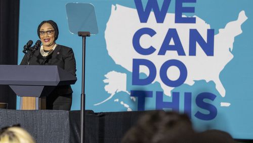06/18/2021 — Atlanta, Georgia — Congresswoman Nikema Williams makes remarks during a COVID-19 vaccine mobilization rally at Clark Atlanta University in Atlanta, June 18, 2021.(Alyssa Pointer / Alyssa.Pointer@ajc.com)