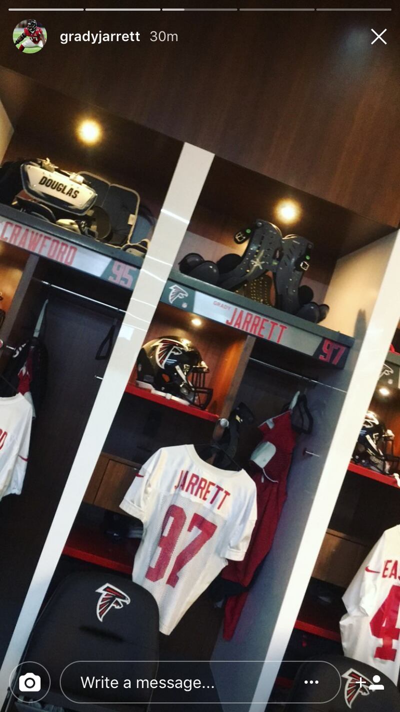 Atlanta Falcons defensive lineman Grady Jarrett posts a photo of his locker inside Mercedes-Benz Stadium on the Falcons stadium tour on Friday, Aug. 25, 2017.