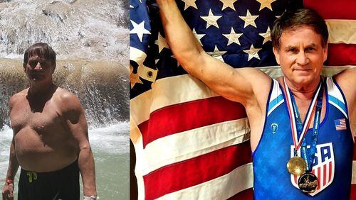 The photo of Dean Barnard on the left was taken in July 2018. The photo on the right of Barnard wa taken in December 2019 after he won the gold in the United World Wrestling Master's World Championship. (Photos contributed by Dean Barnard)