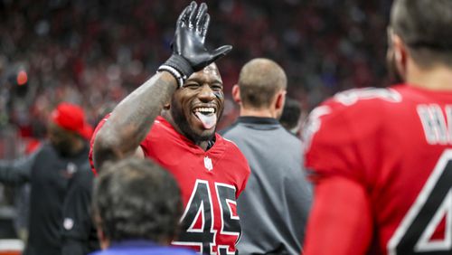 Atlanta Falcons middle linebacker Deion Jones celebrates after incepting the ball during the fourth quarter of the game against the New Orleans Saints at Mercedes-Benz Stadium, Thursday, December 7, 2017.  The Falcons beat the Saints, 20-7. ALYSSA POINTER/ALYSSA.POINTER@AJC.COM