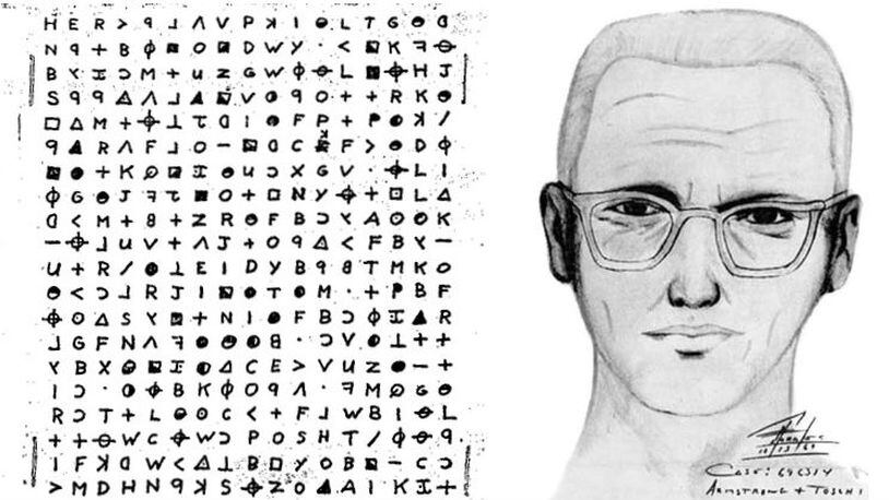 Pictured at left is one of the ciphers the self-identified Zodiac Killer sent to San Francisco-area newspapers during his string of attacks in 1968 and 1969. At right is a sketch made with the help of witnesses to one of his slayings. The killer has never been identified and police detectives in Vallejo, California, have submitted the envelopes from his letters to a DNA lab in the hopes of identifying a suspect 50 years later.