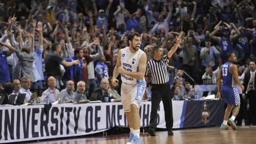 North Carolina forward Luke Maye celebrates after shooting the winning basket in the second half of the South Regional final game against Kentucky in the NCAA college basketball tournament Sunday, March 26, 2017, in Memphis, Tenn. The basket gave North Carolina a 75-73 win. (AP Photo/Brandon Dill)