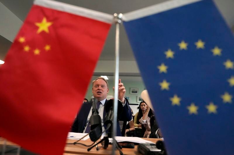 President of the European Union Chamber of Commerce in China Jens Eskelund speaks during a press conference for European Chamber in Beijing, Friday, May 10, 2024. (AP Photo/Ng Han Guan)