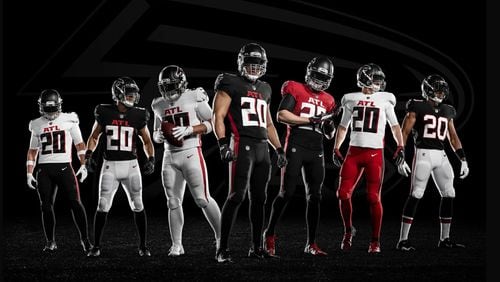 Atlanta Falcons uniforms, introduced before 2020 season, offer varying looks and include a throwback to 1966 team (far right).