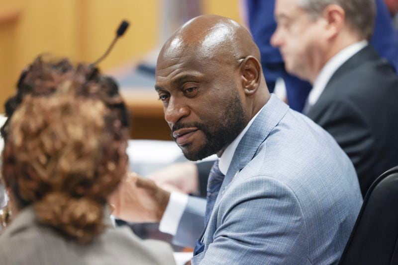 Special Prosecutor Nathan Wade, representing the District Attorney's office, argued before Fulton County Superior Judge Scott McAfee who heard motions from attorneys representing Ken Chesebro and Sidney Powell in Atlanta on Wednesday, Sept. 6, 2023.   (AP photo/Jason Getz, Pool )
