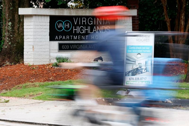 A sign of the entrance of Virginia Highlands apartments in Atlanta is seen on Wednesday, August 30, 2023. Landlords of apartment complexes, particularly those with older properties, capitalized on the surge in rental prices to achieve substantial profits quickly with aggressive loans due to high-interest rates.
Miguel Martinez /miguel.martinezjimenez@ajc.com