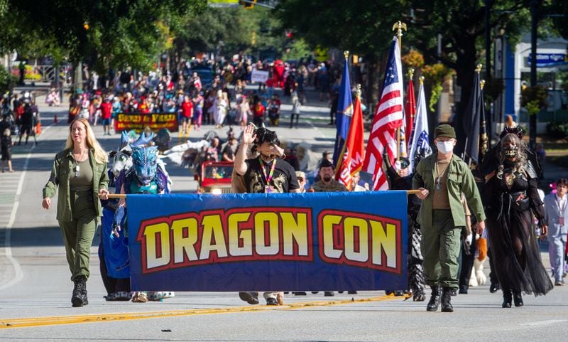 The start of the Dragon Con Parade heads up Peachtree Street on Saturday, September 4, 2021, in Atlanta. STEVE SCHAEFER FOR THE ATLANTA JOURNAL-CONSTITUTION