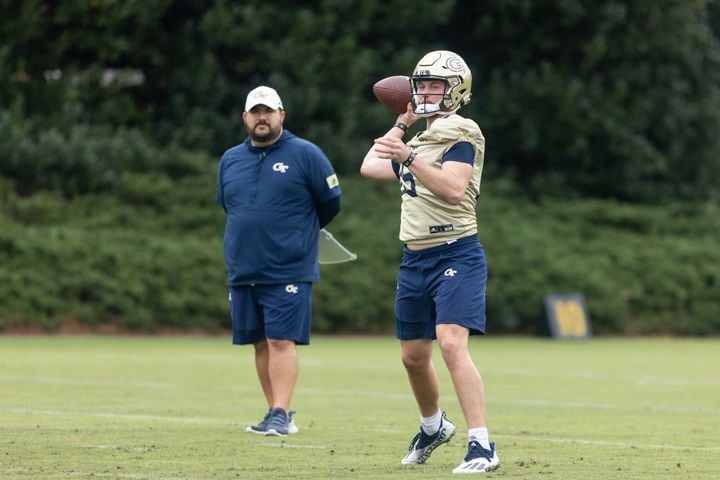 Zach Gibson (15) throws the ball during the first day of spring practice for Georgia Tech football at Alexander Rose Bowl Field in Atlanta, GA., on Thursday, February 24, 2022. (Photo Jenn Finch)