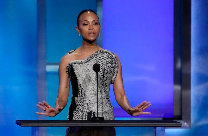 Actor Zoe Saldana speaks from the stage during the 49th AFI Life Achievement Award tribute to Nicole Kidman, Saturday, April 27, 2024, at the Dolby Theatre in Los Angeles. (AP Photo/Chris Pizzello)
