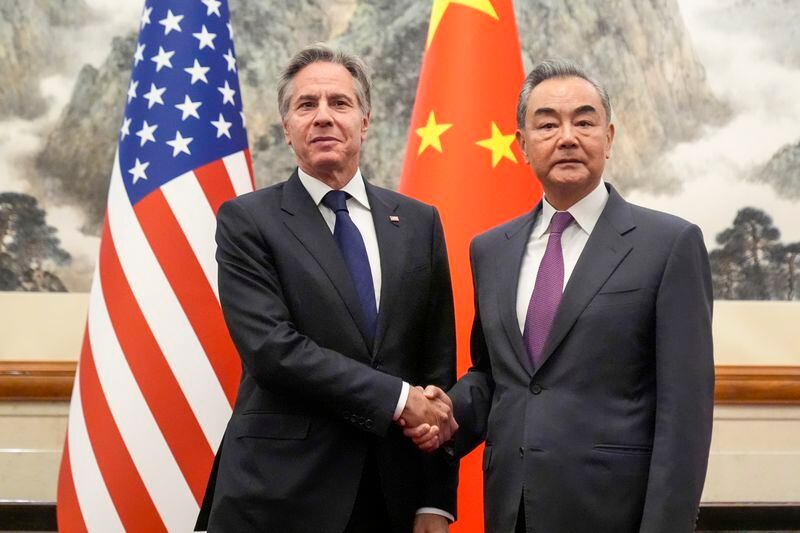 U.S. Secretary of State Antony Blinken, left, meets with China's Foreign Minister Wang Yi at the Diaoyutai State Guesthouse, Friday, April 26, 2024, in Beijing, China. (AP Photo/Mark Schiefelbein, Pool)