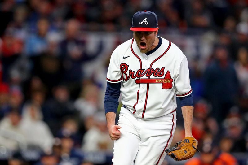 Braves relief pitcher Luke Jackson reacts to a strikeout during the eighth inning against the Houston Astros in game 4 in the World Series at Truist Park, Saturday October 30, 2021, in Atlanta. Curtis Compton / curtis.compton@ajc.com