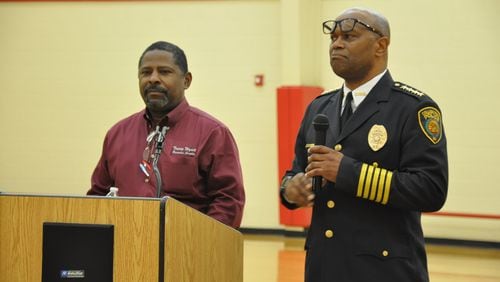 College Park Ward III Councilman Tracey Wyatt and Fire Chief Wade Elmore address the attendees of an update on city progress. CONTRIBUTED