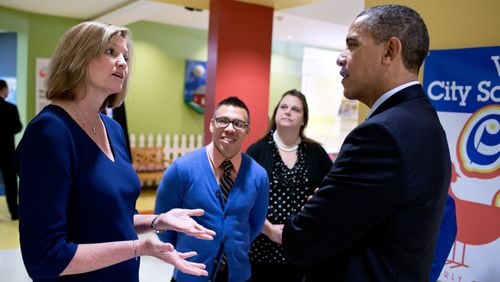 Suzanne Kennedy chats with President Barack Obama during his visit to Decatur’s College Heights Early Childhood Learning Center on Feb. 14, 2013. Two days earlier during his State of Union Address, Obama called on Congress to fund high-quality preschool programs for all children nationally. Kennedy is retiring at the end of this year. Courtesy City Schools Decatur