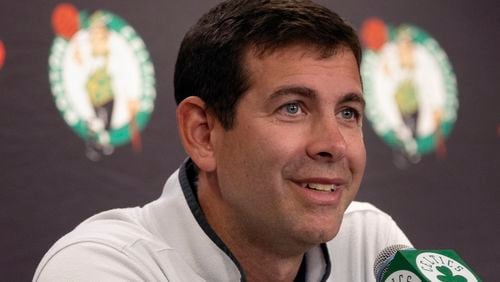 FILE - Boston Celtics president of basketball operations Brad Stevens speaks at a news conference during the NBA basketball team's media day, Monday, Oct. 2, 2023, in Boston. Brad Stevens was announced Tuesday, April 30, 2024, as the NBA's executive of the year. It's the first such award for Stevens, who is in his third season as president of basketball operations for the Boston Celtics after serving as their coach for eight seasons.(AP Photo/Michael Dwyer, File)