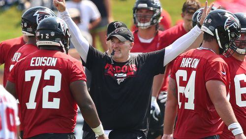 July 27, 2017 Flowery Branch: Falcons head coach Dan Quinn keeps the team moving on the first day of team practice at training camp on Thursday, July 27, 2017, in Flowery Branch. Curtis Compton/ccompton@ajc.com