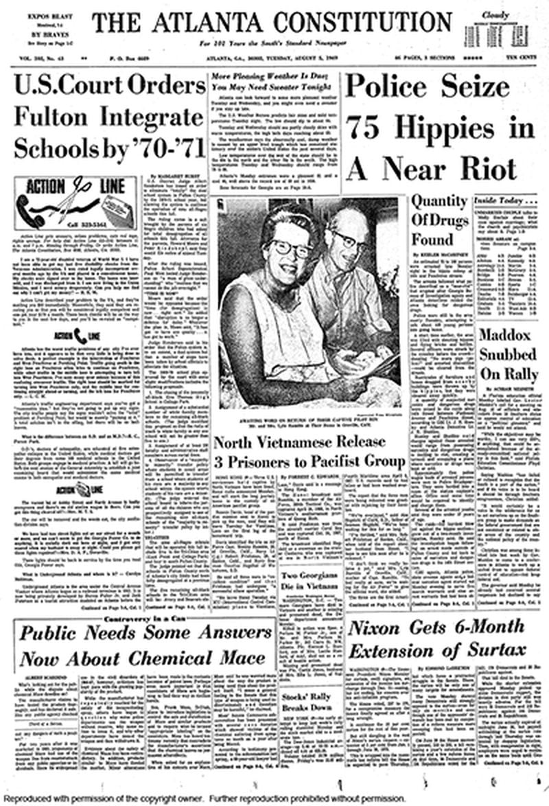 The Aug. 5, 1969, Constitution front page detailed a "near riot" after Atlanta police raided a known hippie hangout.