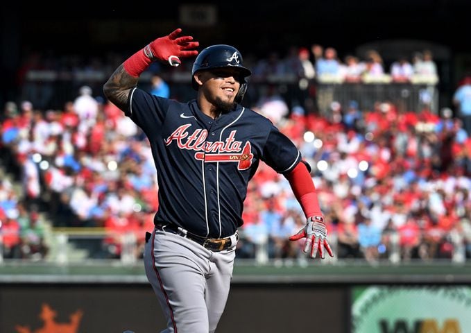 Braves second baseman Orlando Arcia runs the bases after hitting a solo home run against the host Phillies during the third inning Saturday in Game 4 of the NLDS against the host Phillies. (Hyosub Shin / Hyosub.Shin@ajc.com)