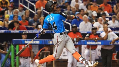 Ronald Acuna of the Atlanta Braves and the World Team swings at a pitch against the U.S. Team during the SiriusXM All-Star Futures Game at Marlins Park on July 9, 2017 in Miami, Florida.  (Photo by Mike Ehrmann/Getty Images)