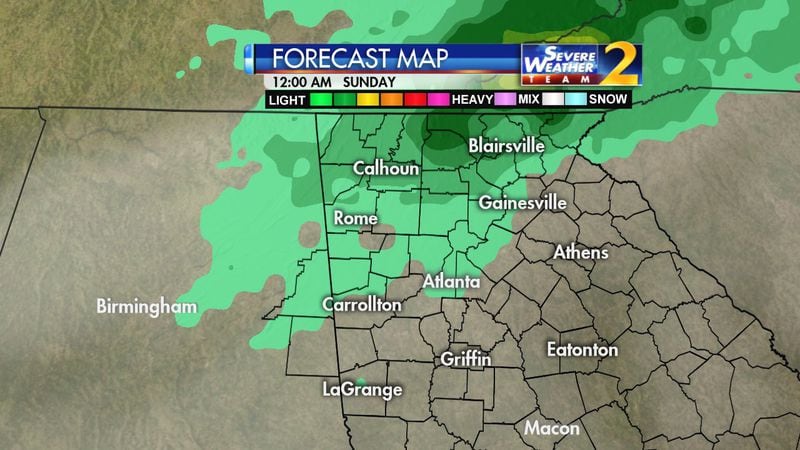 There is a 40 percent rain chance for metro Atlanta on Sunday. (Credit: Channel 2 Action News)