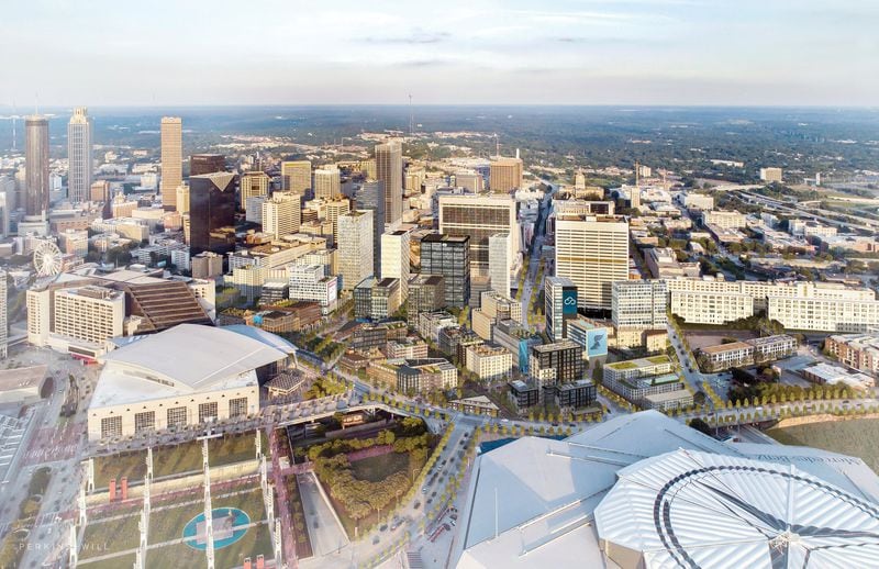 A rendering from developer CIM Group shows the California-based company’s vision for downtown Atlanta’s Gulch, stretching from Mercedes-Benz Stadium, right, to the Five Points MARTA station.