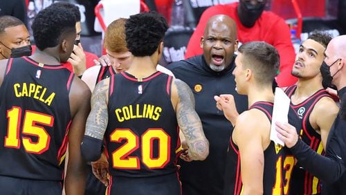 Hawks interim head coach Nate McMillan helps rally his team to a 103-96 victory over the Philadelphia 76ers in Game 7 of the Eastern Conference semifinals Sunday, June 20, 2021, in Philadelphia. (Curtis Compton / Curtis.Compton@ajc.com)