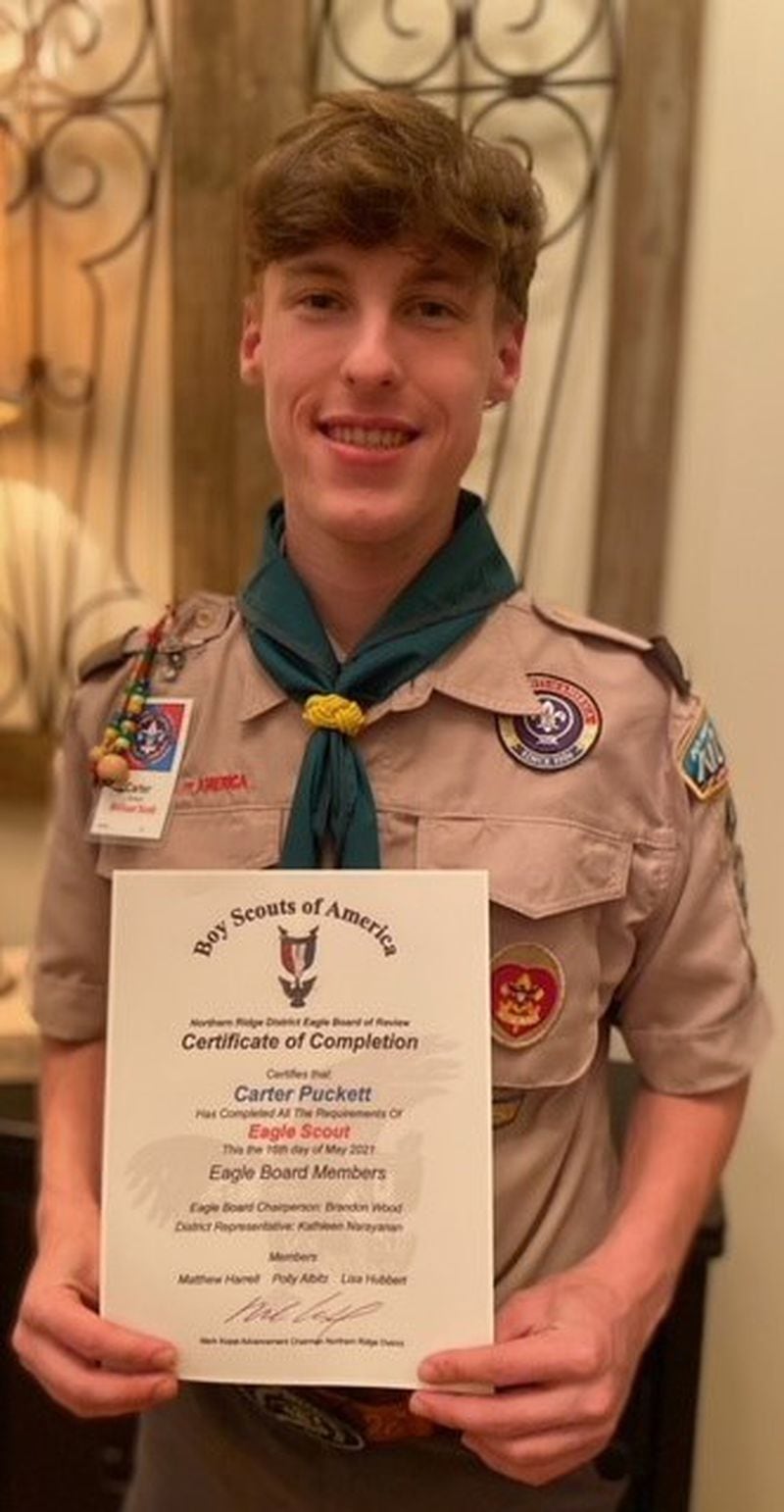The Northern Ridge Boy Scout District (Cities of Roswell, Alpharetta, John’s Creek, Milton) is proud to announce its newest Eagle Scout,  who passed his Board of Review On May 16: Carter Puckett of Troop 430, sponsored by St. David’s Episcopal Church, whose project was the design and construction of a pathway connecting a driveway to an existing brick patio located behind Jeffords Hall at St. David’s Episcopal Church.  Carter also constructed a bench for this pathway