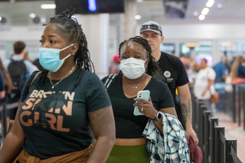 With the surge in COVID numbers, some travelers are masking up at Hartsfield-Jackson Atlanta International Airport in Atlanta on Friday, August 4, 2023. (Katelyn Myrick/katelyn.myrick@ajc.com)