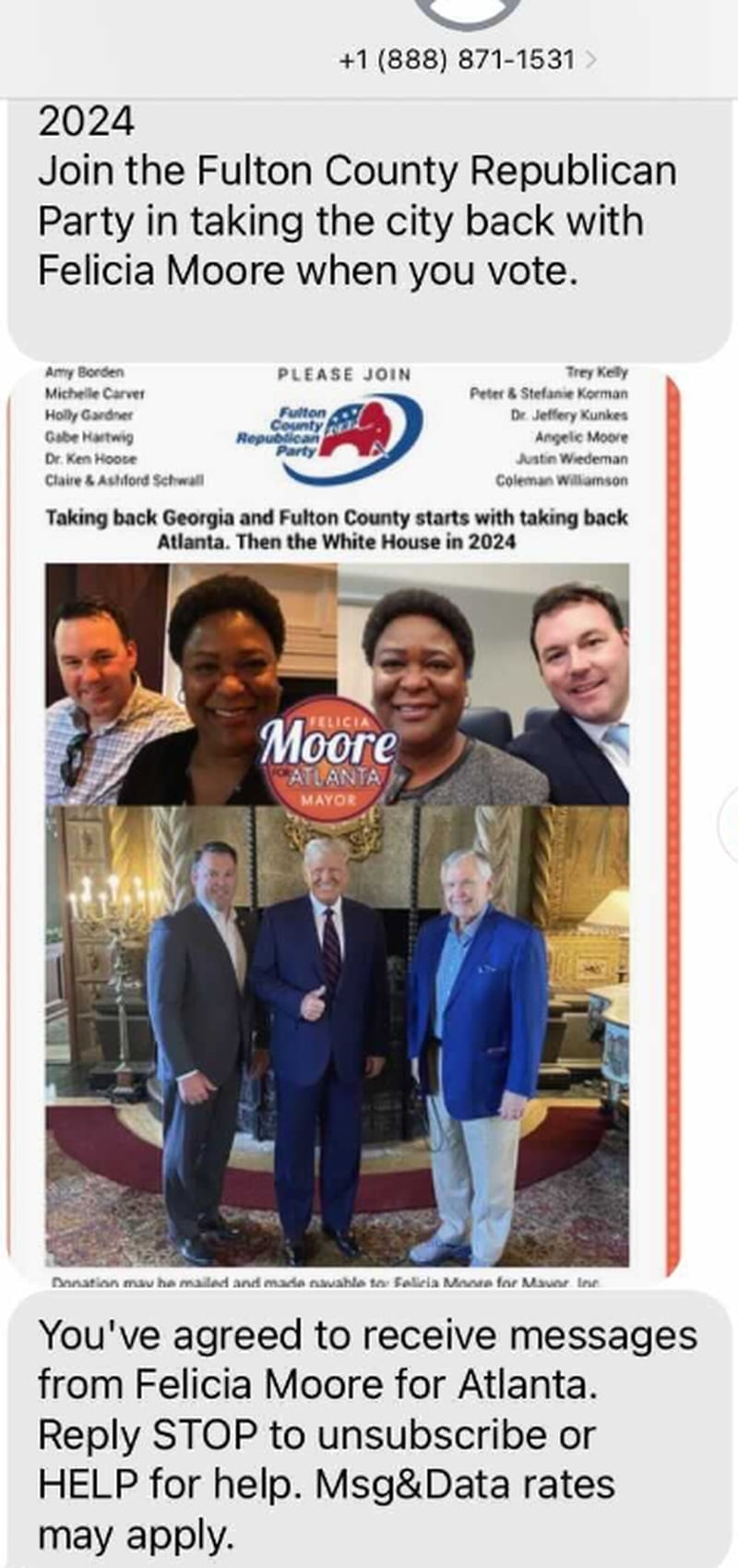 This is a manufactured image that was purportedly from the Fulton County GOP, which its chairman denies, linking Atlanta mayoral candidate Felicia Moore to former President Donald Trump. (Contributed)
