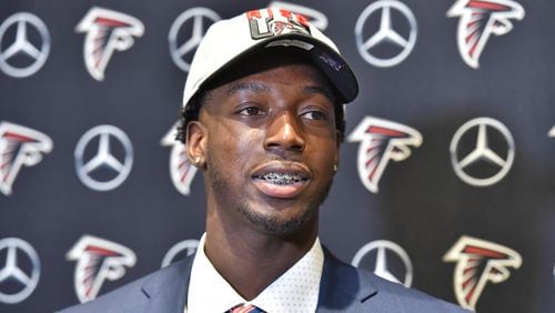 April 27, 2018 Flowery Branch - Falcons first round pick Calvin Ridley speaks during a press conference at the Falcons training facility on Friday, April 27, 2018. The former Alabama wide receiver, selected by the Falcons with the 26th pick of the first round of the NFL draft Thursday night. HYOSUB SHIN / HSHIN@AJC.COM